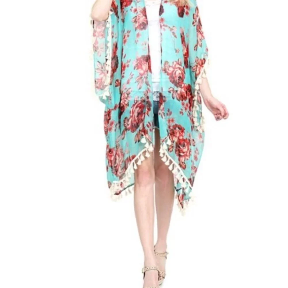 RIAH Green Kimono Floral Fringe Plus EUC 1X 2X L XL - Picture 8 of 8